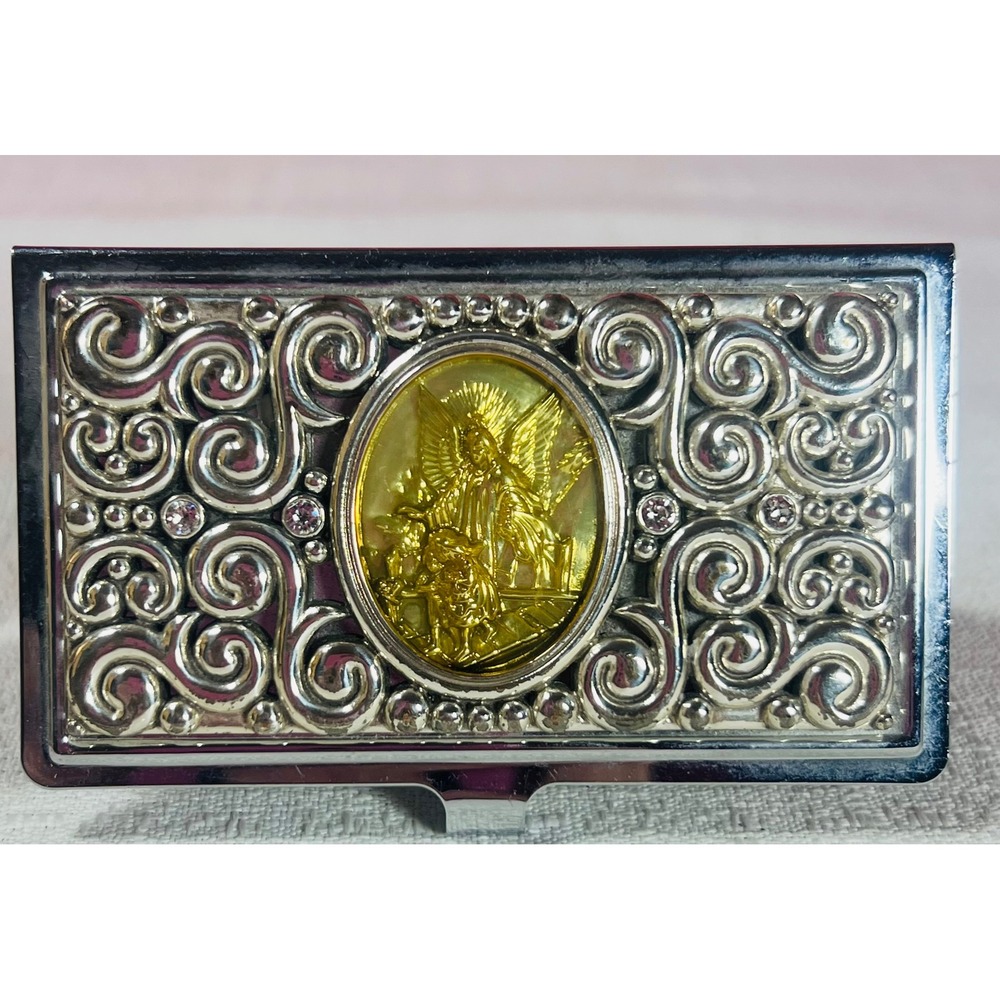 1998 Brighton Guardian Angel Business Card Holder Silver Filigree and Crystals